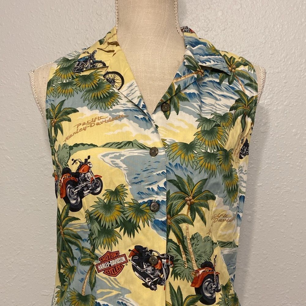 Harley-Davidson Hawaiian Print Button Front Sleeveless Blouse Size Small - Picture 2 of 9